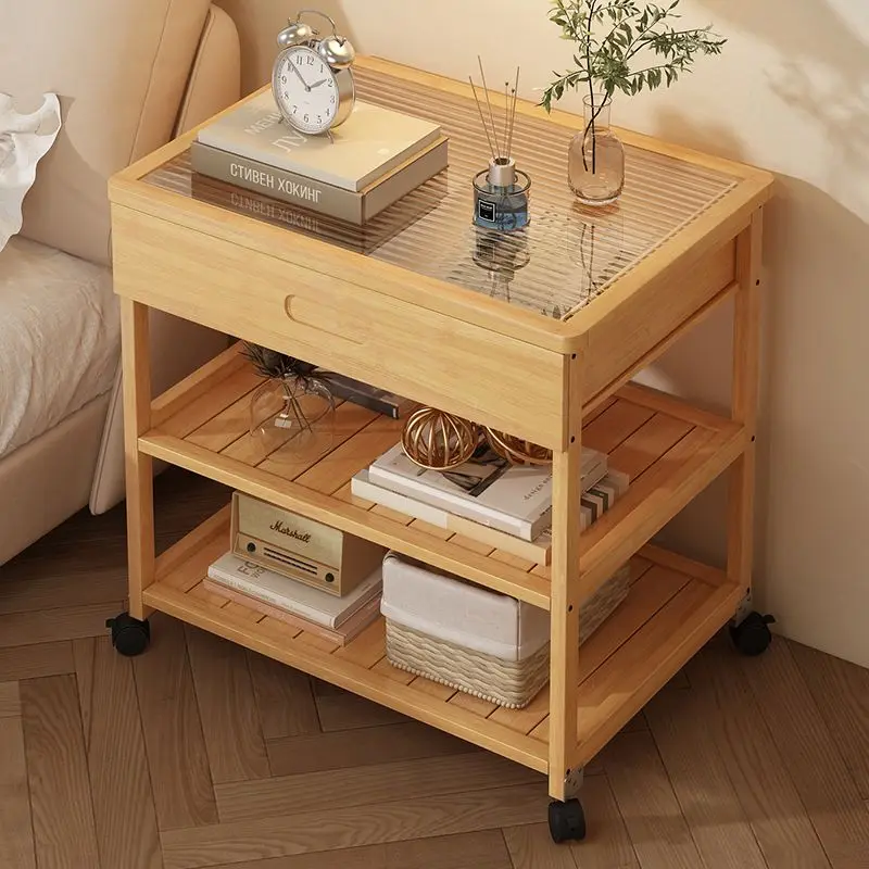 Removable Bamboo mobile coffee glass table bedside household simple storage Durable storage cabinet with wheels living room