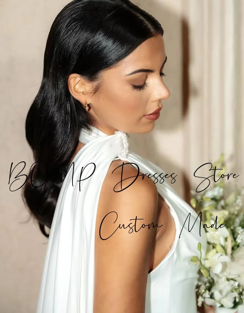 BOMP Elegante abito da sera bianco Sciarpa con scollo all'americana Sirena drappeggiato con strascico in raso Occasioni formali Abito da cerimonia nuziale personalizzato