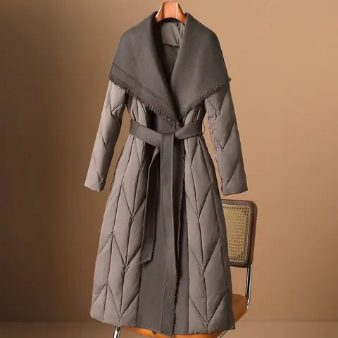 White Duck Down Coat Wool Patchwork 2025 Down Jacket for Women Autumn Winter New Fashion Style Long Puffer Jacket Lady Feather