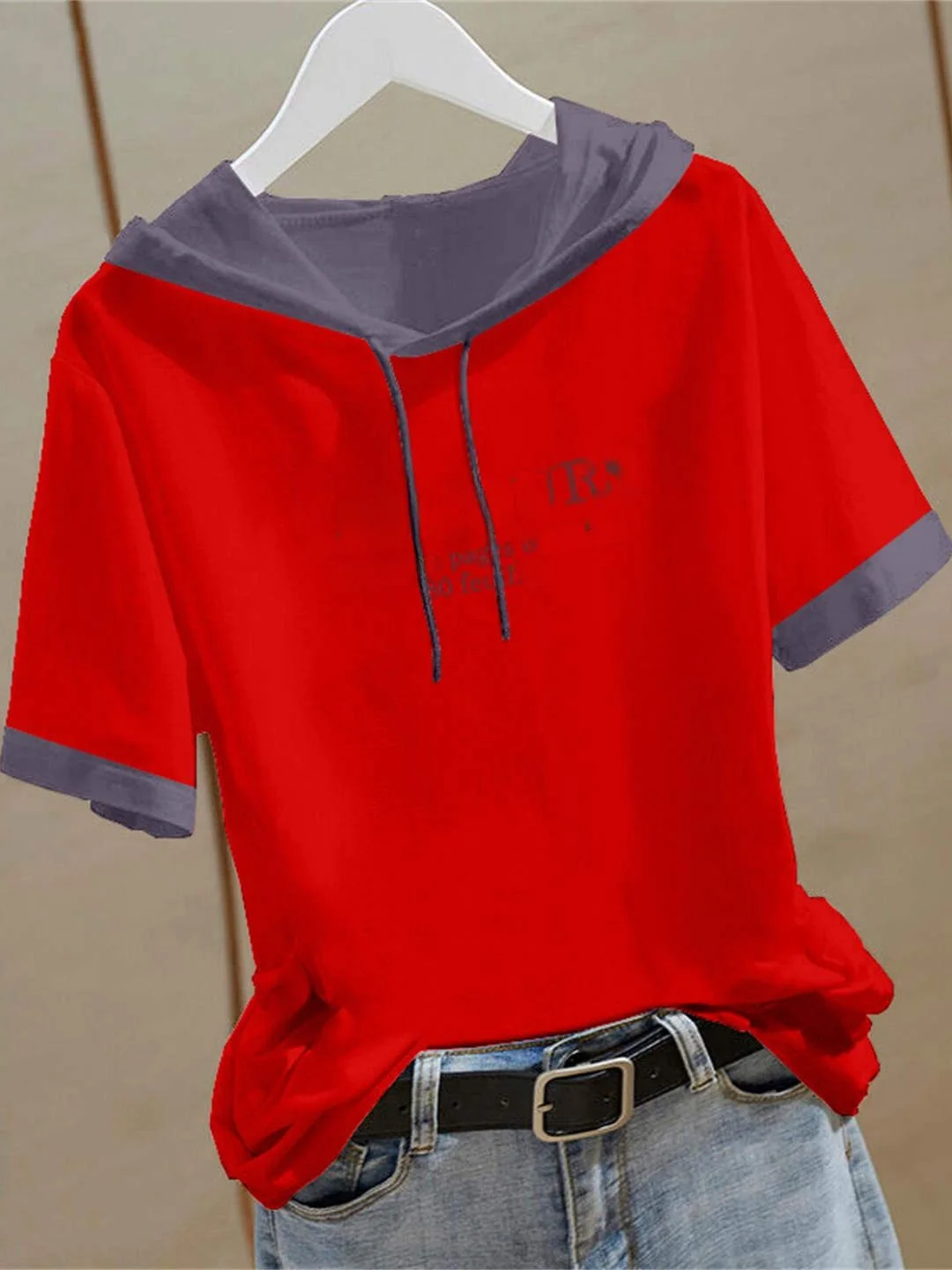 Fashionable Color Block Hoodie Short Sleeve Women's T-Shirt Pure Cotton Slim Fit Half Sleeve Trendy Street Style Top Summer