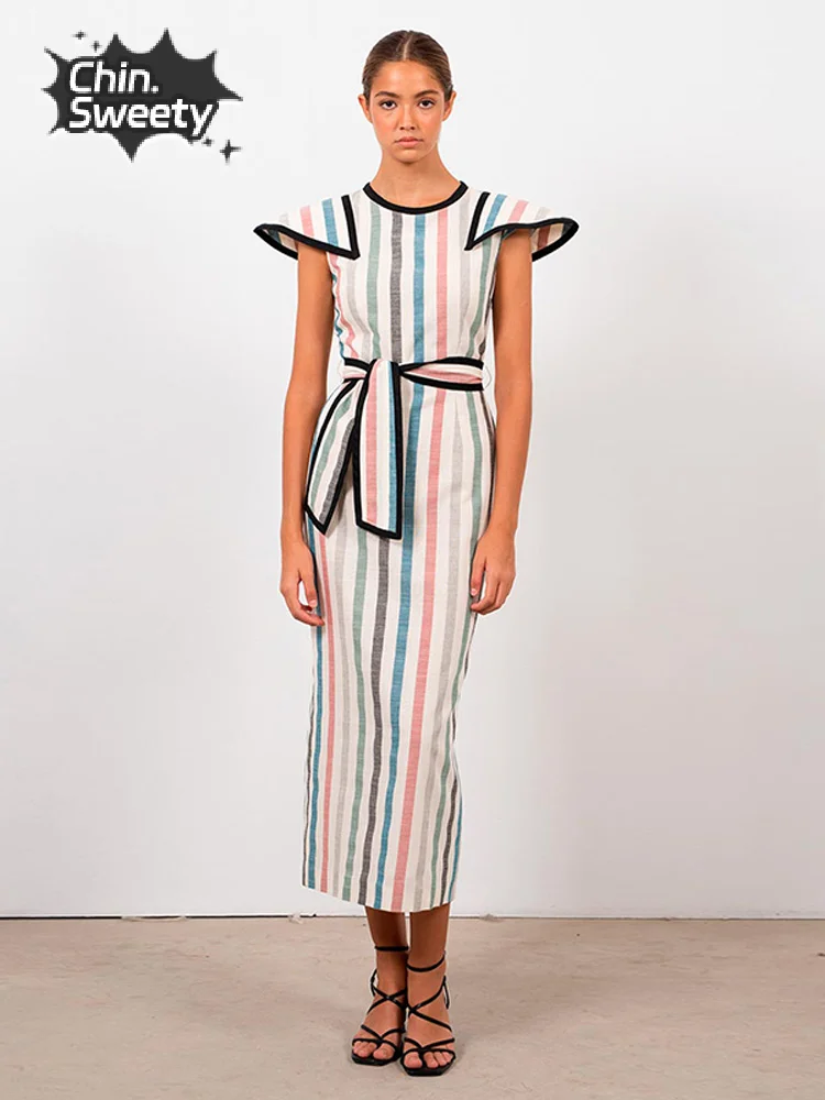 

Fashion Multicolor Striped Print Women Midi Dress Elegant Pad Shoulder With Belt Slit Dresses Summer Lady Causal Vacation Robes