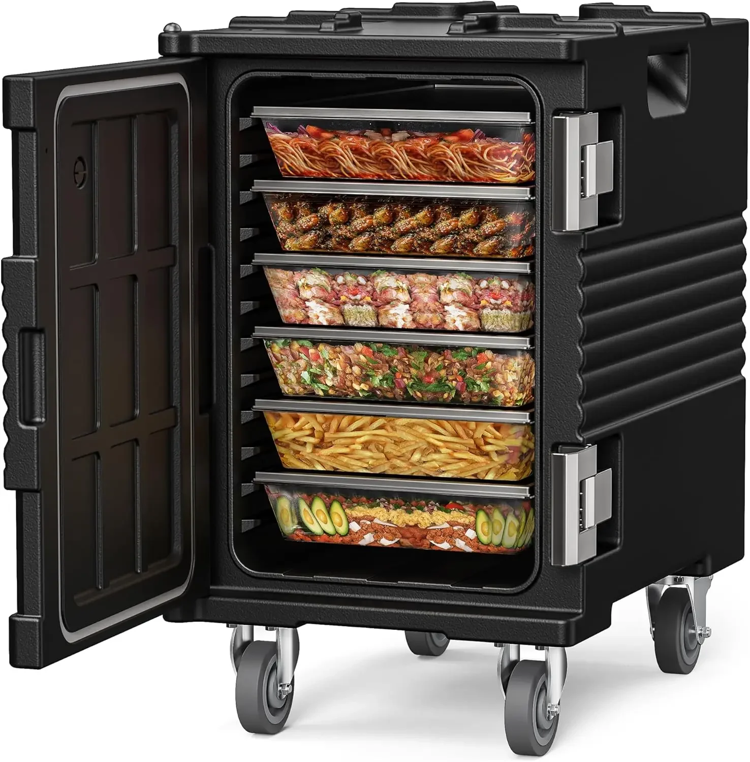 

Insulated Food Carriers For Catering Events Warmers Hold Six Full Size Pans Stainless Steel Latches Swivel Casters