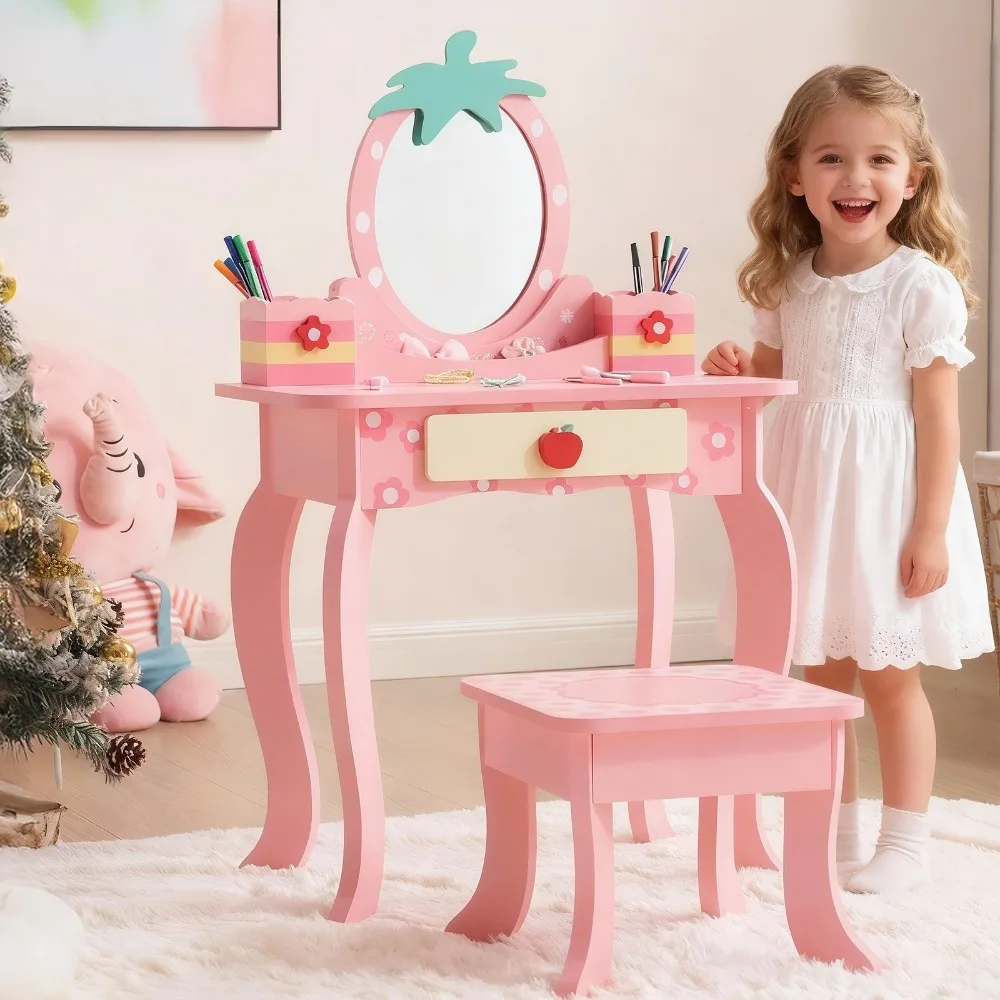 Girls Gift Vanity Makeup Table Girls Dressing Table Set with Mirror and Stool