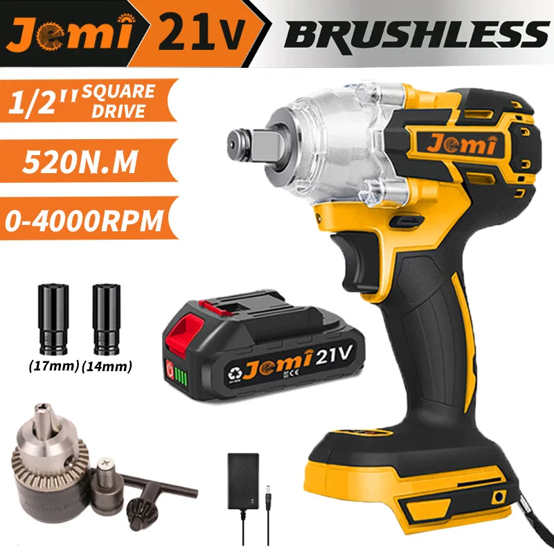 Jemi Tool Cordless High Torque Impact Wrench 520N.m Brushless Motor Power Impact Driver Gun 1/2 inch Electric Drill Compact Set