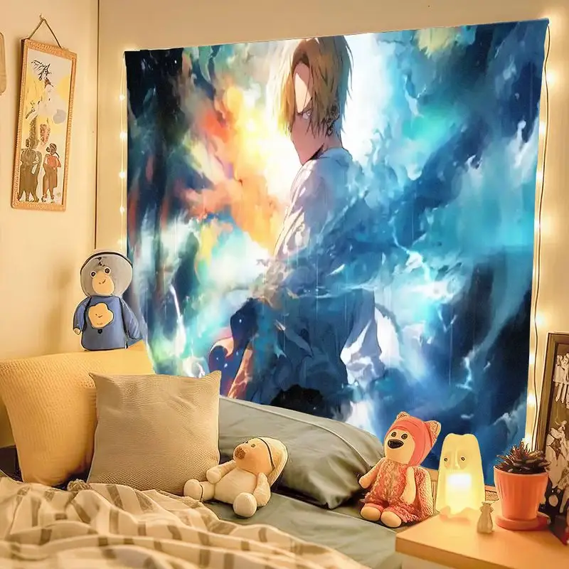 1PC Anime Blonde Charakter Tapisserie Lebendige Abstrakte Blau Gelb Orange Hintergrund Wand Kunst für Schlafzimmer Wohnzimmer Wohnkultur