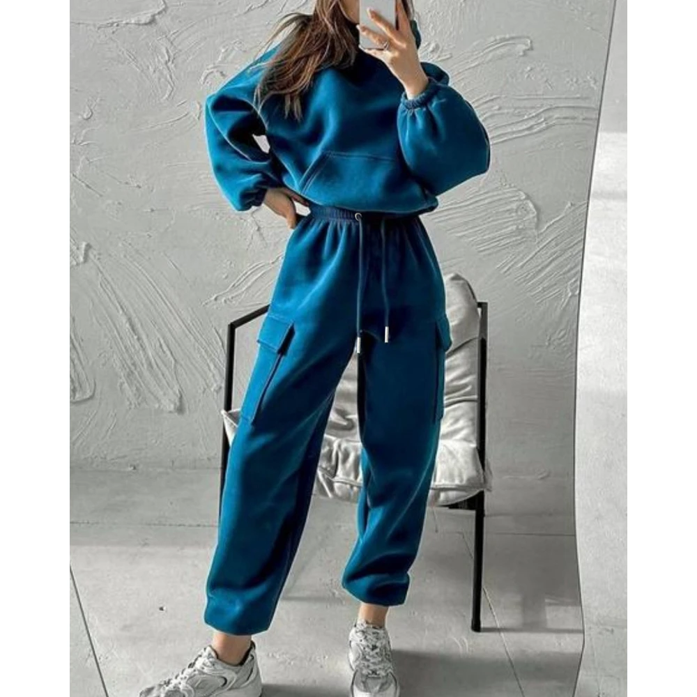 Women Hooded Sweatshirt Top & Pocket Design Cuffed Pants Set Casual Fashion Two-Piece Set Sporty Tracksuits