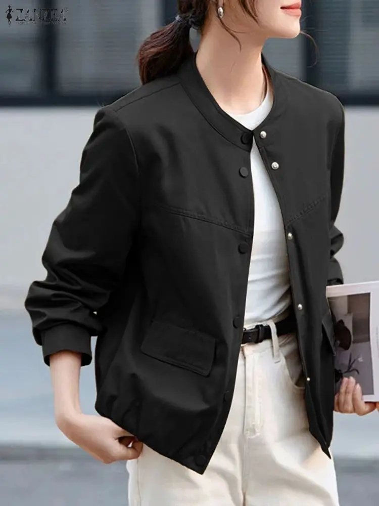 ZANZEA Women Casual Jackets Autumn Long Sleeve O-Neck Button Up Elastic Hem Solid Color Coats Woman Commuting Outerwear S-3XL