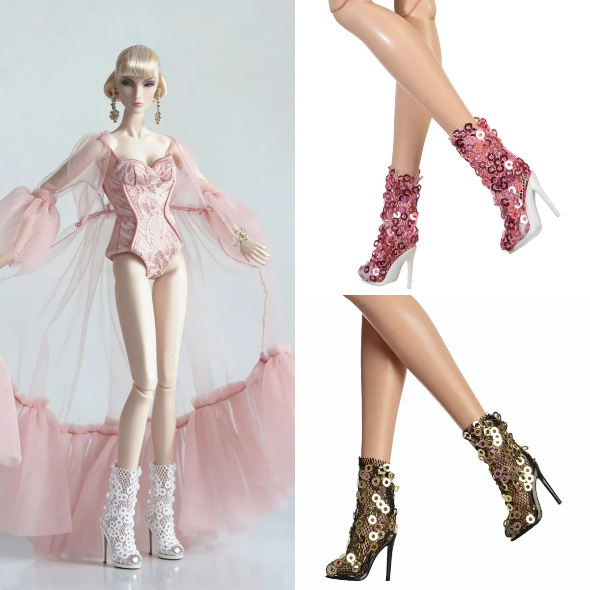 Doll Shoes Parts 1/6 Supermodel Doll Senior Sense Lace Sequin High Heels Fashion Boots For FR2 Kissmela Babi Xianxian FR6