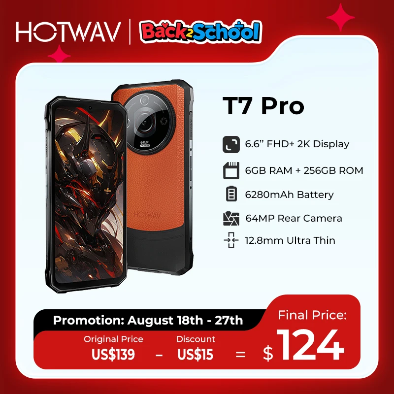 

[World Premeire] Прочный смартфон HOTWAV T7 Pro, 64 МП, 6,6 дюйма, мобильный телефон FHD + 2K, 6280 мАч, 12 (6 + 6) ГБ, 256 ГБ, мобильный телефон Android 13