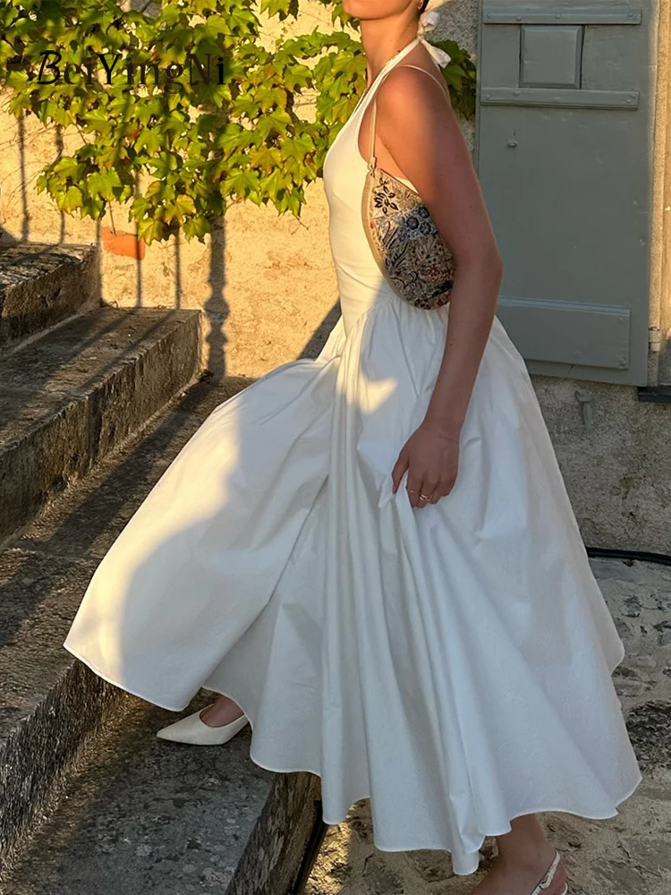 

Beiyingni 2025 Women's Halter V-neck Long Dresses Plain Slim Fluffy Party White Luxury French Dress Fashion Birthday Vestidos