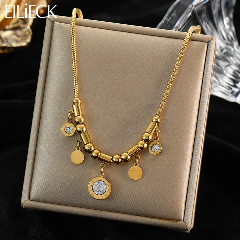 EILIECK 316L Stainless Steel Roman Numerals Zircon Pendant Necklace For Women Trendy Gold Color Non-fading Chains Collar Jewelry