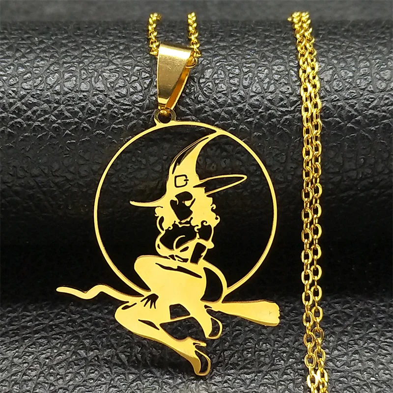 Magischer besen sexy hexe halsketten frauen edelstahl anhänger gotische esoterik halloween schmuck zubehör geschenk N3877GD-QKC