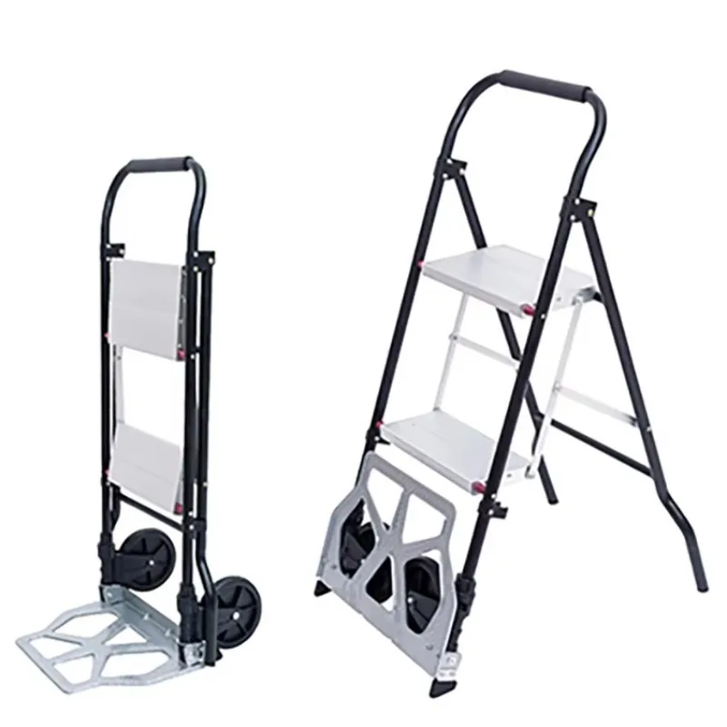 

Small Foldable Two Step Ladder Hand Trolley With Pneumatic Wheels 80 Kg Loading Capacity For Warehouse Daily Tools Carrying Work