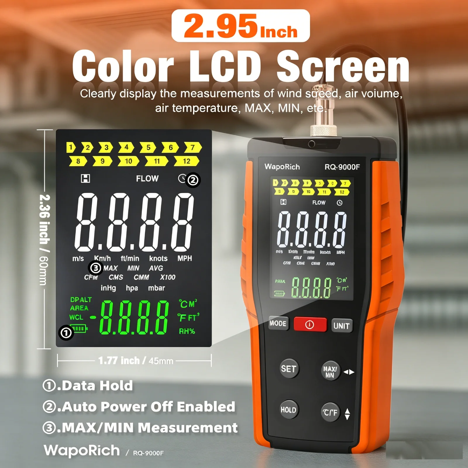 9000F Hot Wire Anemometer Precision CFM/CMM, 360° Probe Wind Speed Air Velocity Meter with Temp for HVAC Airflow & Duct Test