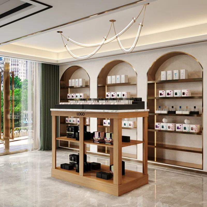 Custom. shopping mall makeup store custom luxury skincare shop fittings wood cosmetic table display set