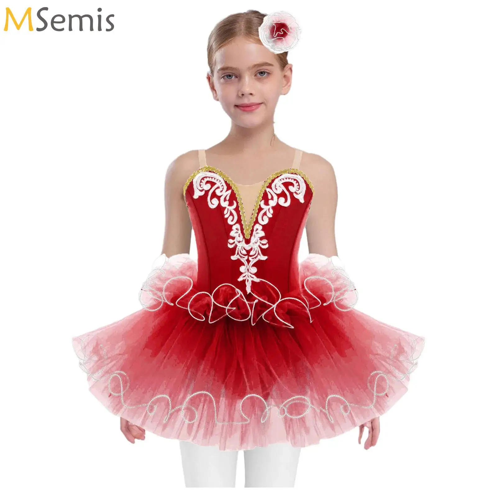 

Kids Girls Ballet Tutu Dresses Dance Stage Performance Costume Adjustable Shoulder Straps Embroidery Layered Dress with Headwear
