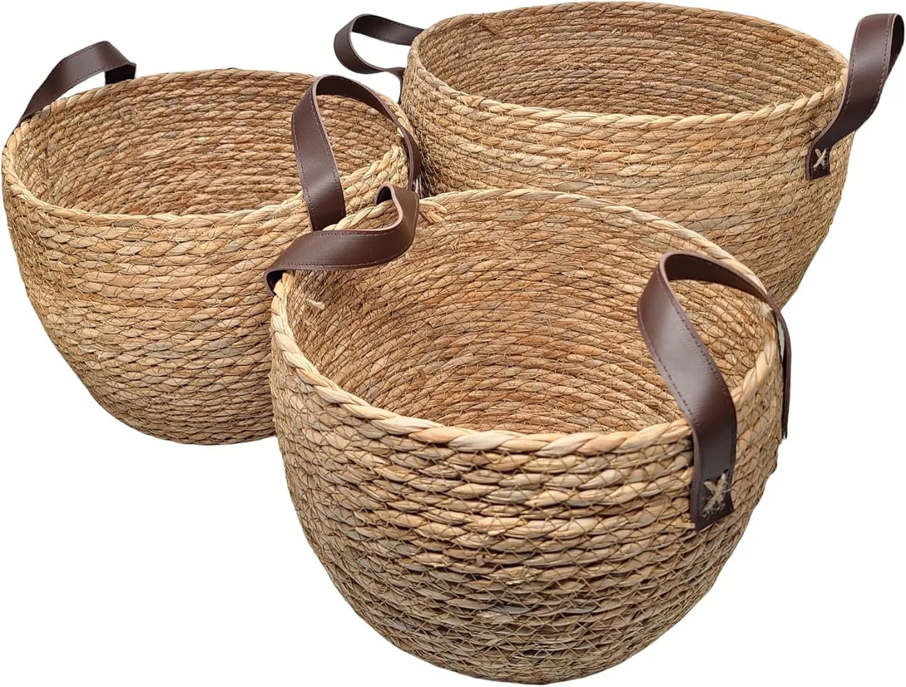 

Round Wicker Woven Seagrass Storage Baskets with Leather Handles Set of 3, Natural Decorative Braided Rope Wicker Baskets Bins