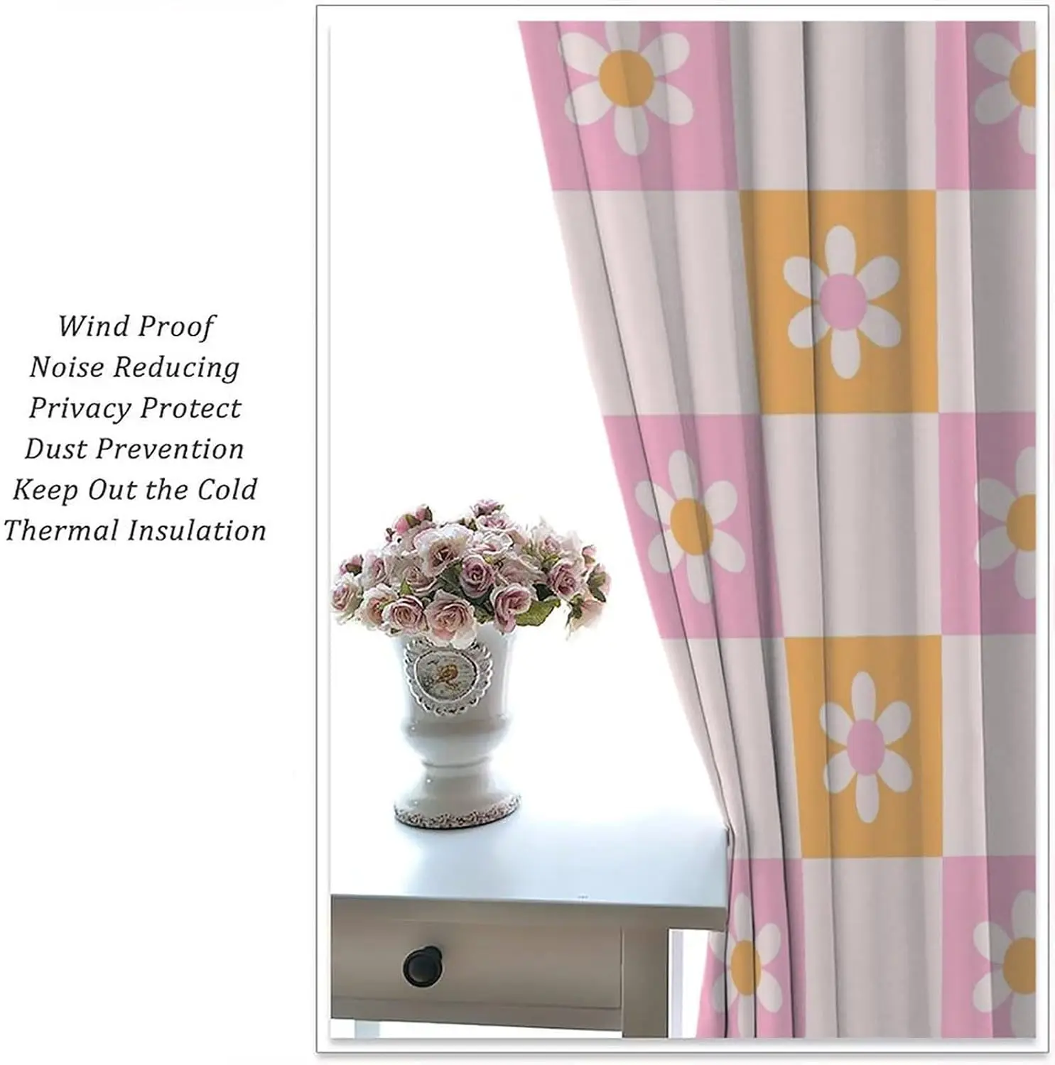 Floral Daisy Pattern Curtains 2 Pieces Pair Pink Orange Modern Decorative Window Curtains for Bedroom Living Room Home Decor