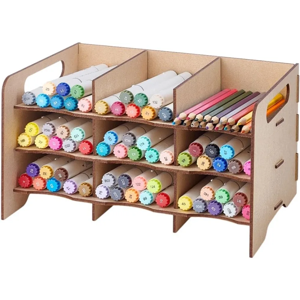 

Marker Rack Wooden Pen Holder Marker Organizer Pencil Holder Brush Storage Tray Display Organizer 9 Cubbies for Pens Pencils