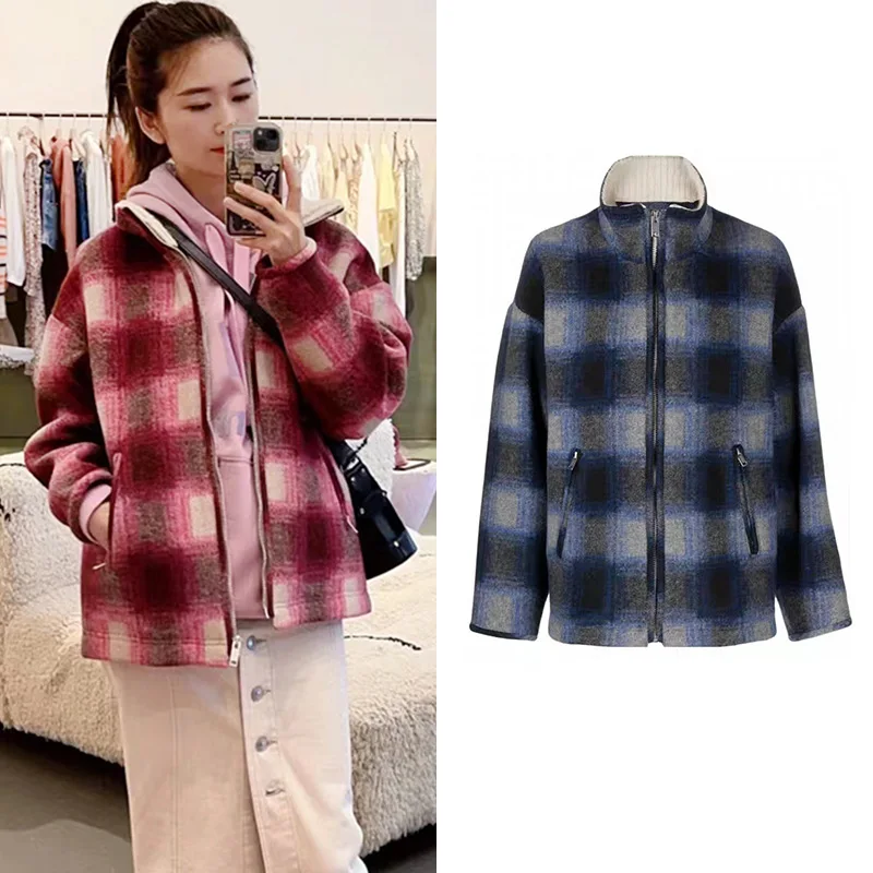 

Faionable Wool Blend High Collar Zipper Jaet Large Plaid Design Autumn Winter Women's Outerwear Sli Casual Coat