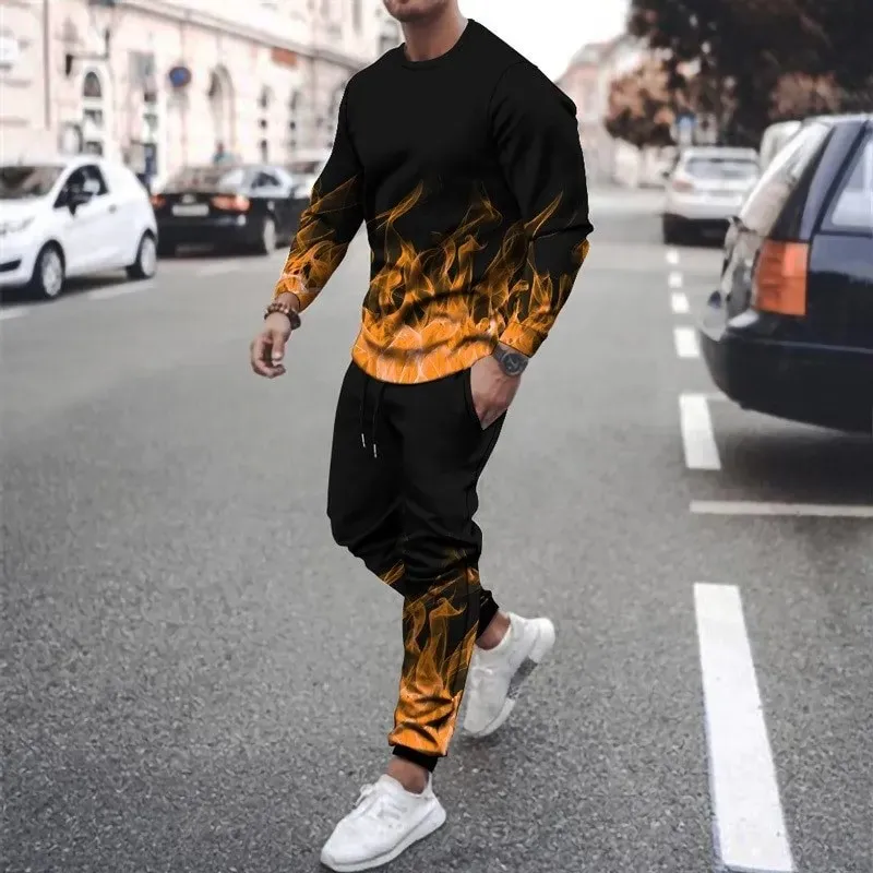 Fashion Color Flame 3D Print Men\'s Sportswear Set Casual Long-Sleeved T Shirt Pants 2-Piece Set Oversized Pullover Men Clothing