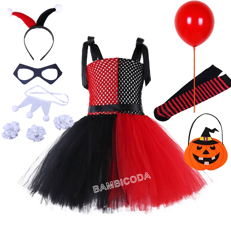 Halloween Red Black Circus Clown Tutu Dress for Girls Carnival Costumes for Joker Fancy Outfit New Years Clothes