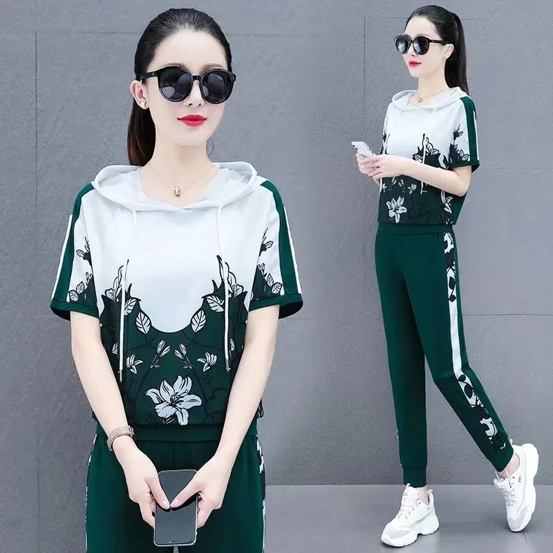 

2024 Summer New Casual Printing Suit Women Sports Set Explosive High-Quality Two-Piece Hooded Running 2PCS Slim Fashion Outfit