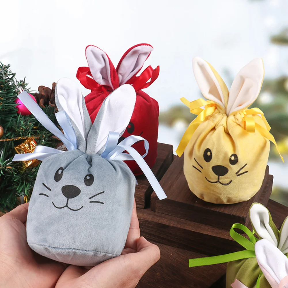 2025 Easter Rabbit Easter Bunny Bags Creative Soild Color Velvet Gift Packing Bag Bunny Ears Easter Decoration Candy Bags