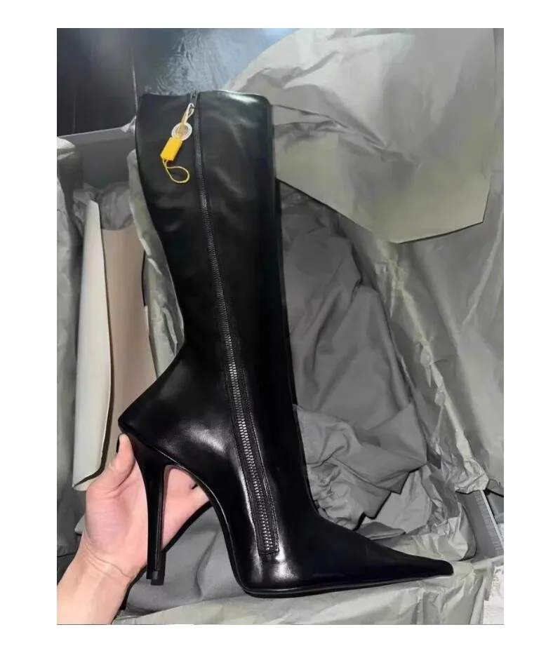 

Design Pointed Toe Leather Luxury Zip Boots Lady Stiletto High Heel Mid-calf Sexy Boots Women Dress Knee High Shoes 2024