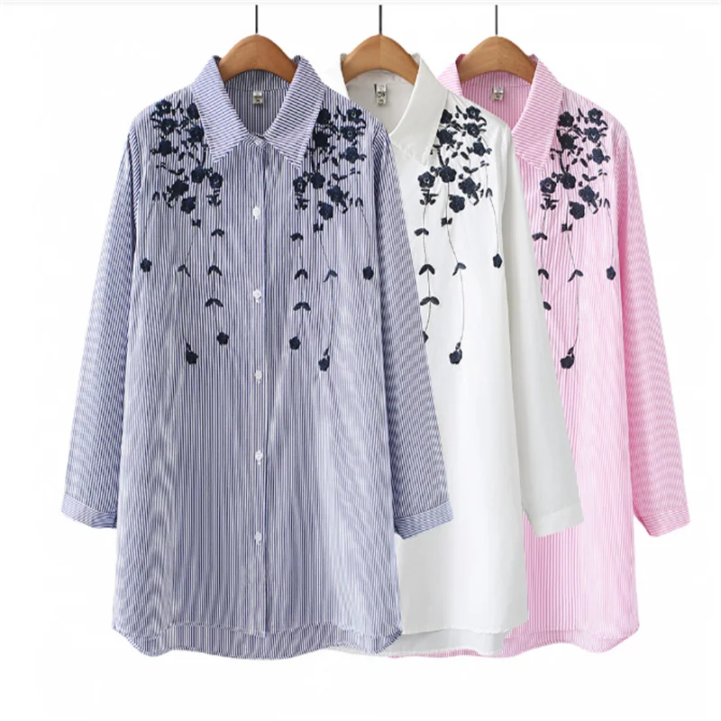 2024 Plus-Size Women\'s Spring Dress Slim Loose Mid-Length Casual Floral Embroidery Striped Shirt