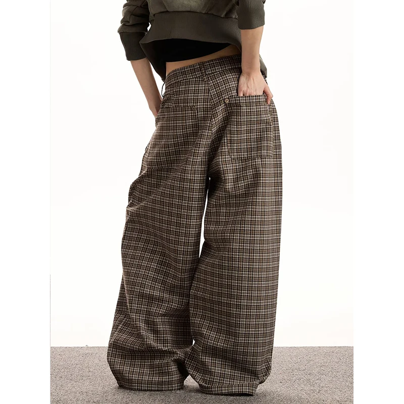  American Retro Plaid Pleated Lazy Casual Pants Loose Wide Leg Trousers Women Vintage Comfortable Loose Fit Casual Pants