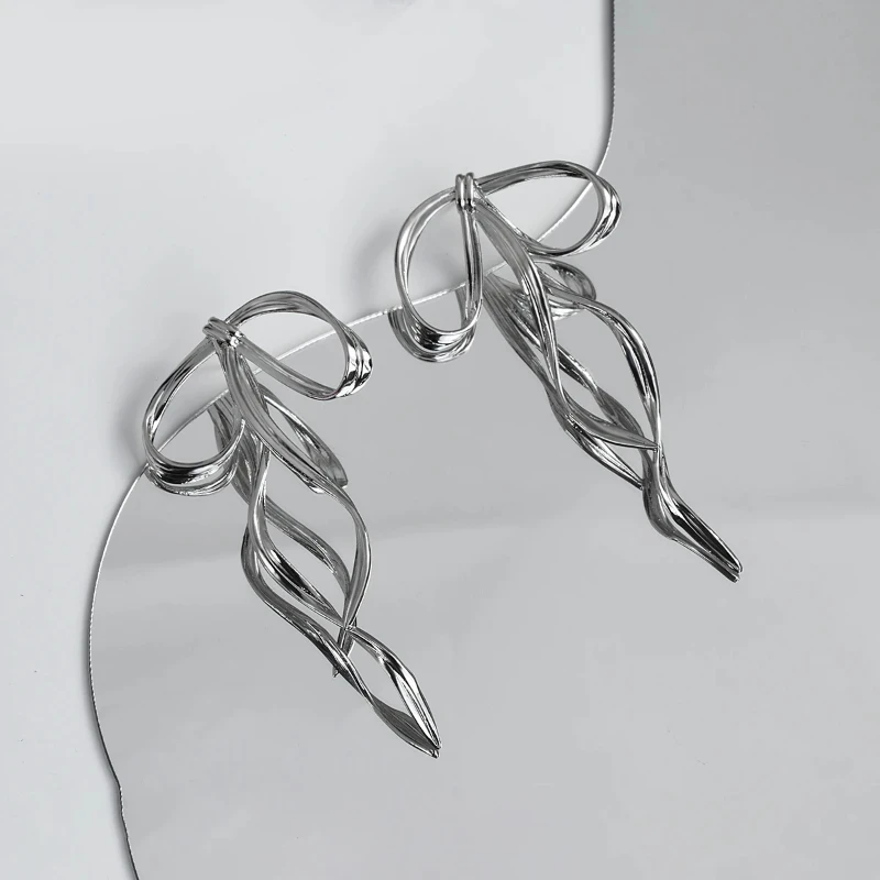 Korean Design Fashion Simple Silver Color Metal Line Bow Earrings Elegant Big Long Bowknot Drop Earrings Female Party Jewelry