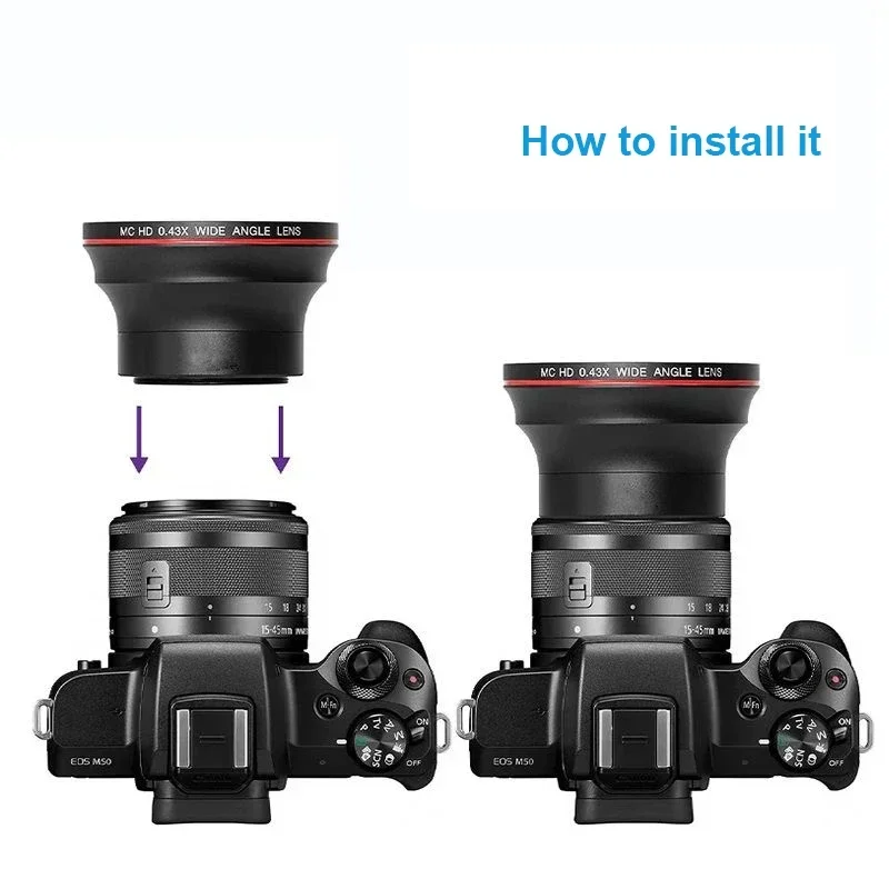 Lightdow-Lente Grande Angular Super com Parte Macro Câmera Afiliada, 58mm, 0.43x, HD, adequado para Canon, Nikon, Sony