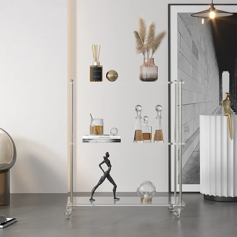 Luxury Acrylic Rolling Cart Living Room Side Table Mobile Coffee Teak Kitchen Storage Floor Standing Organizer Living Room Table