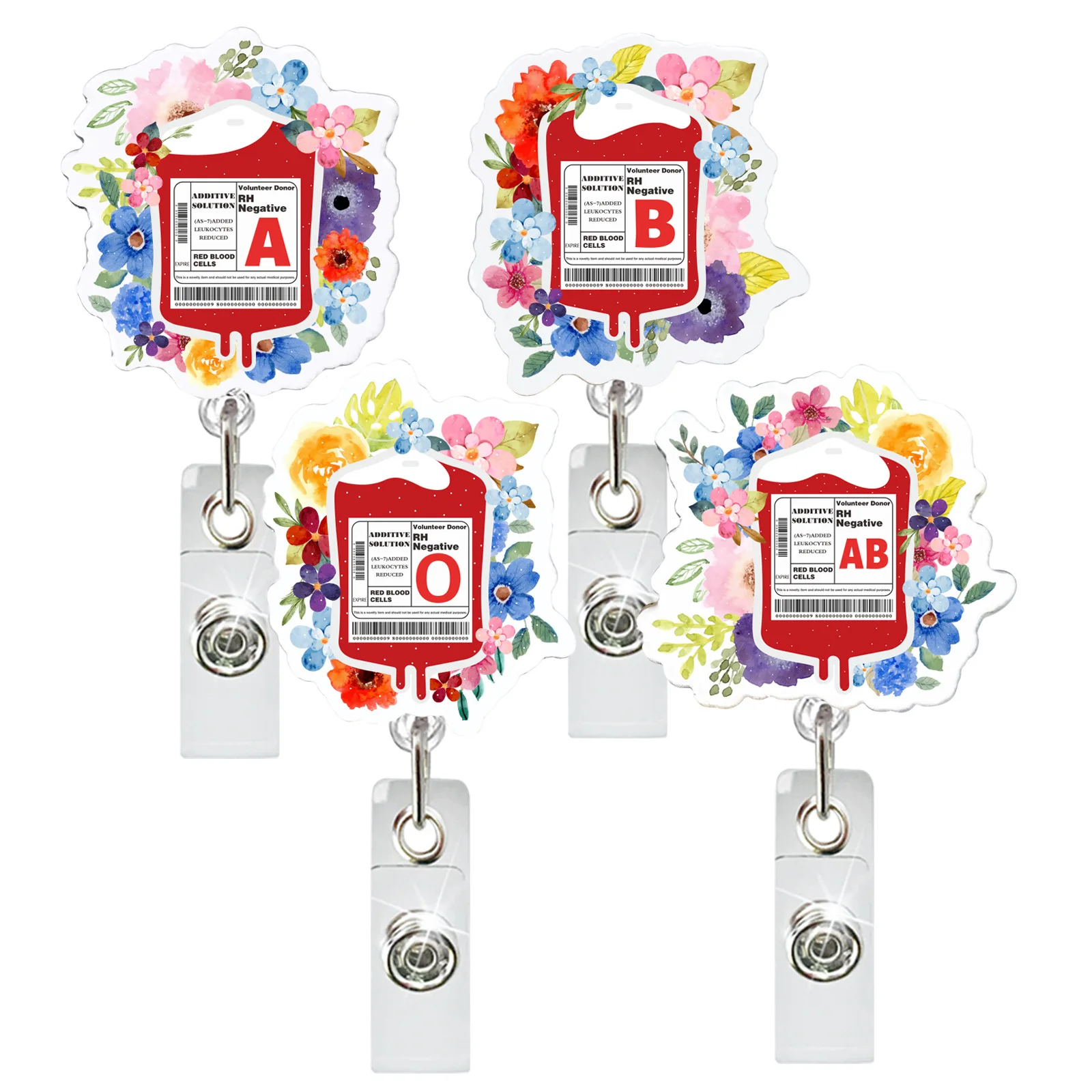 Acrylic Glitter Flower Blood Type Bag Clip Crocodile Clip Doctor Nurse Work Badge Holder Student Teacher Retractable Badge Reel