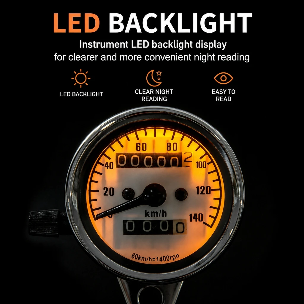 Retro Motorcycle Dual Odometer Speedometer LED Backlight, Resettable Daily Mileage Gauge for Harley, Jialing Vintage Motorbike