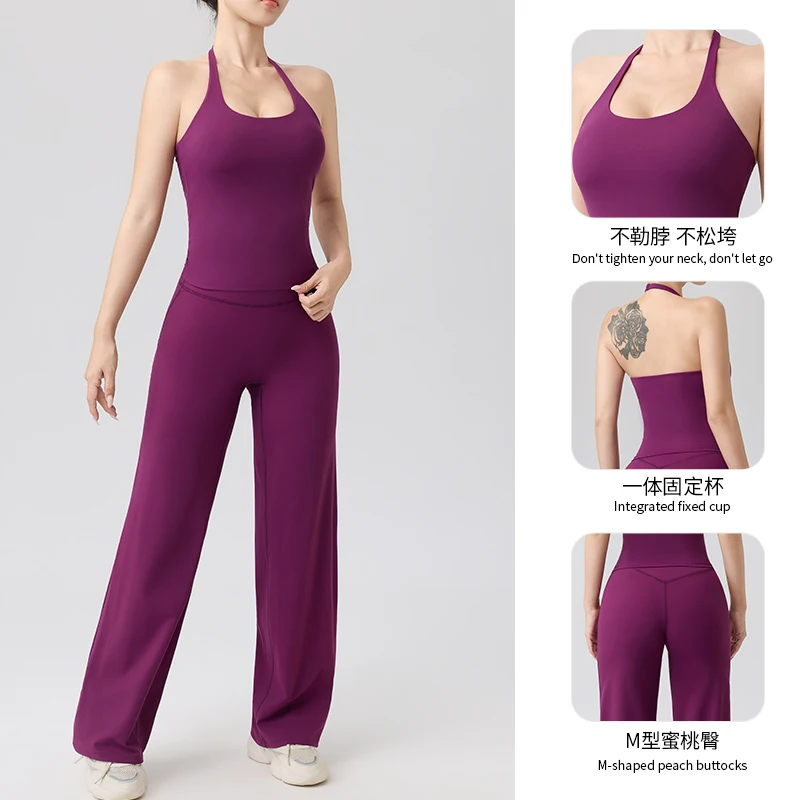 Breathable Backless Neck Strap Bra Pant Yoga Set Woman Yoga Underwear with Chest Pad Gym Fitness Sports Solid Color Yoga Set