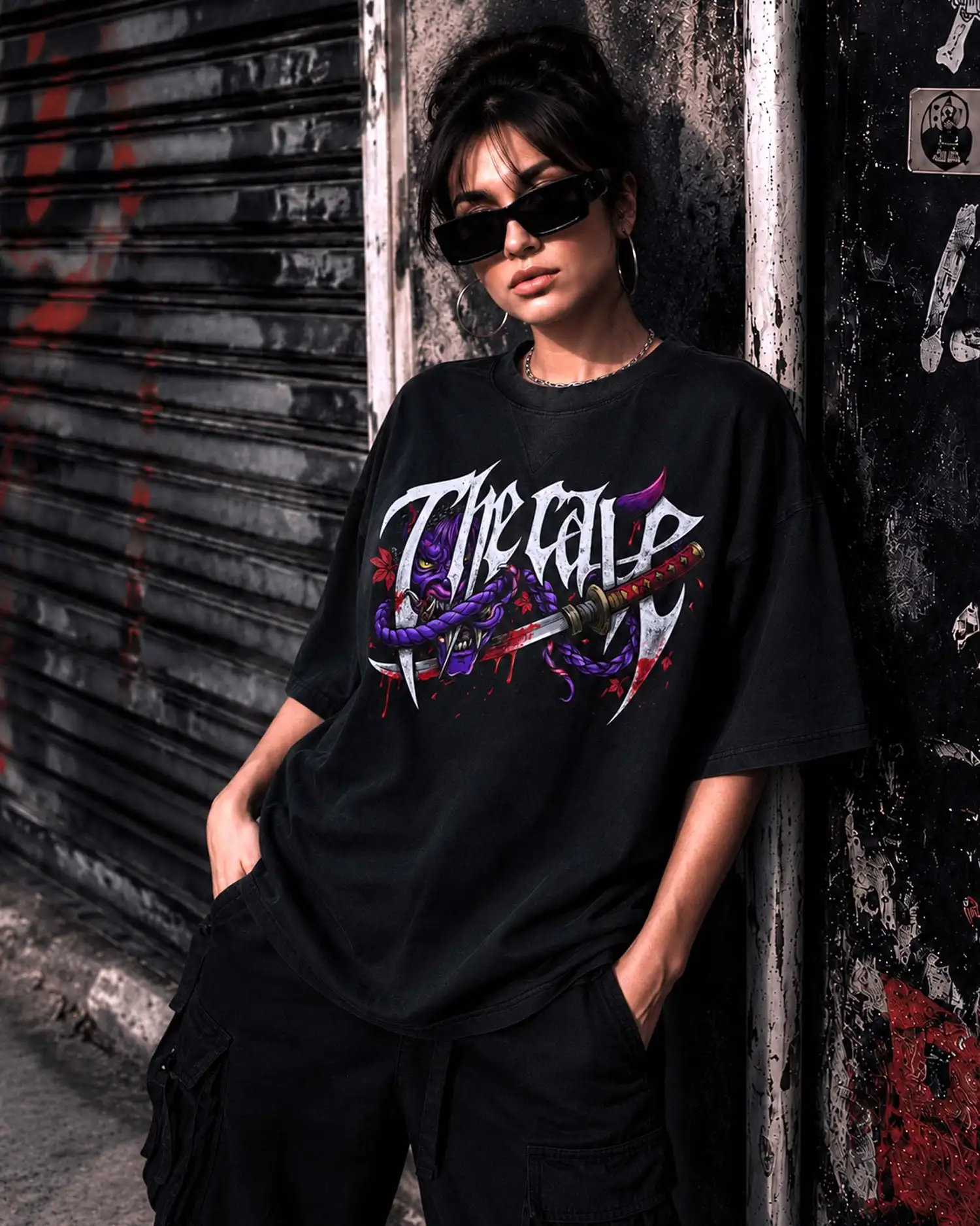 Men's Japanese Geisha Hannya Mask Pattern T-shirt Samurai Sword Ukiyo-e Streetwear Loose Short Sleeved Casual T-shirt
