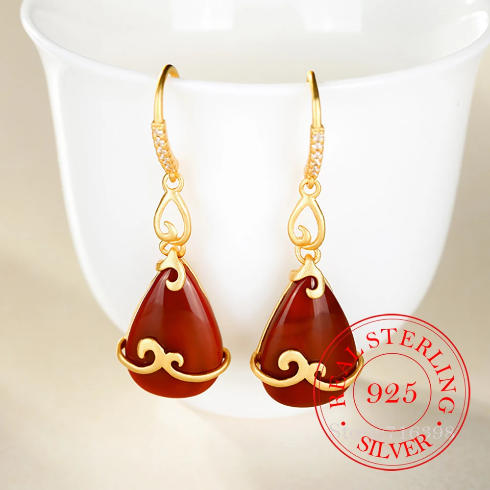 925 Sterling Silver Jewelry 18K Gold Plated Natural Agate Water Drop Earrings for Women Wedding Party Jewelry Girls Friend Gift