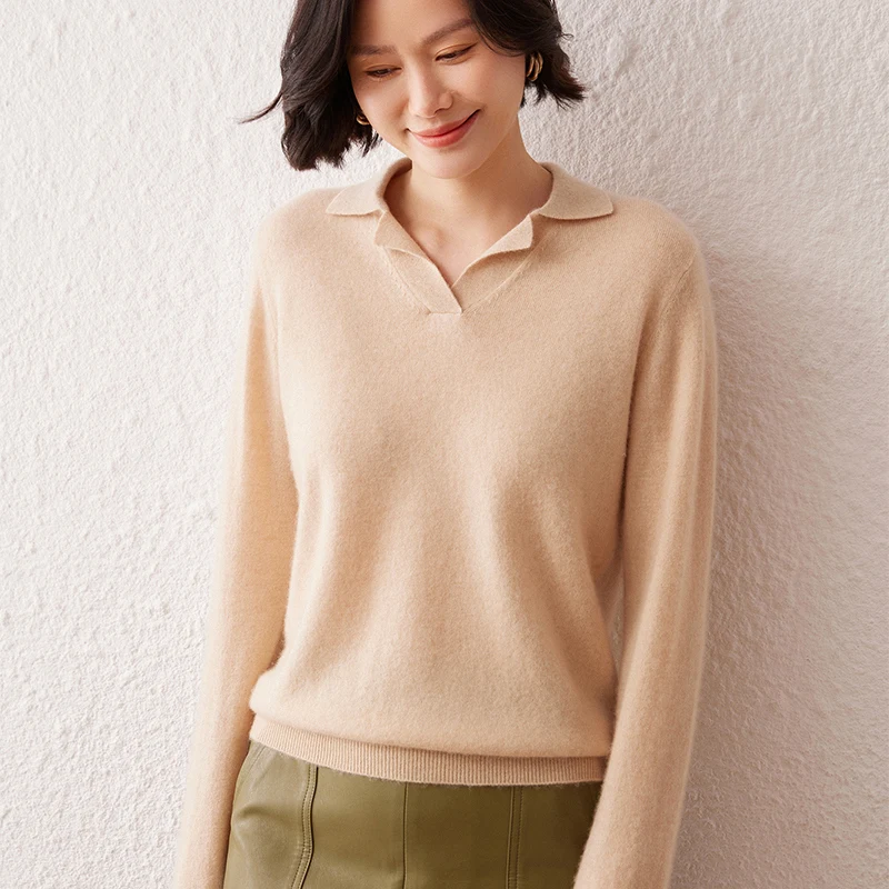 

Высококачественный свитер из 100% кашемира с воротником-поло, женский свободный универсальный вязаный свитер, однотонный шерстяной свитер с отложным воротником