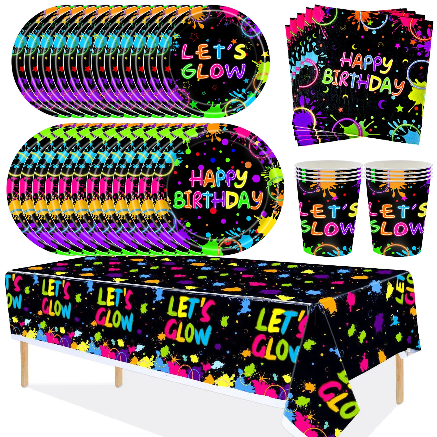 Neon Glowing Theme Party Disposable Tableware Tablecloth Happy Birthday Party Decoration Kids Boy Girl Paper Plates Cups Napkin