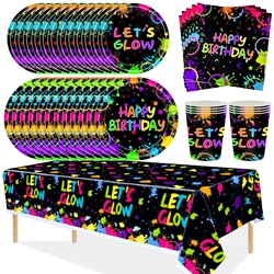 Neon Glowing Theme Party Disposable Tableware Tablecloth Happy Birthday Party Decoration Kids Boy Girl Paper Plates Cups Napkin