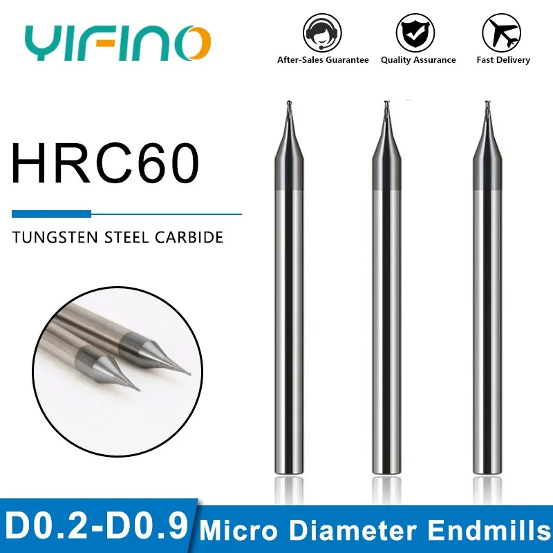 YIFINO HRC60 2F Micro Diameter Milling Cutter Tungsten Steel Carbide Flat/Ball End Mill For CNC Steel/Aluminum Endmills Tools