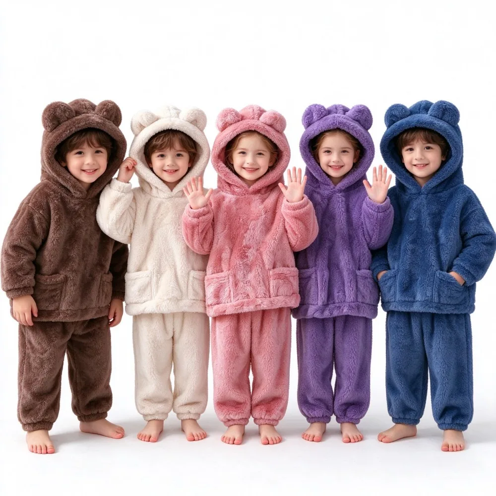 Kids Outfit Set Fluffy Coral Flannel Clothing Sets Bear Ear Hoodie + Long Pants 2pcs Boys Girls Warm Home Clothes Baby Outfits