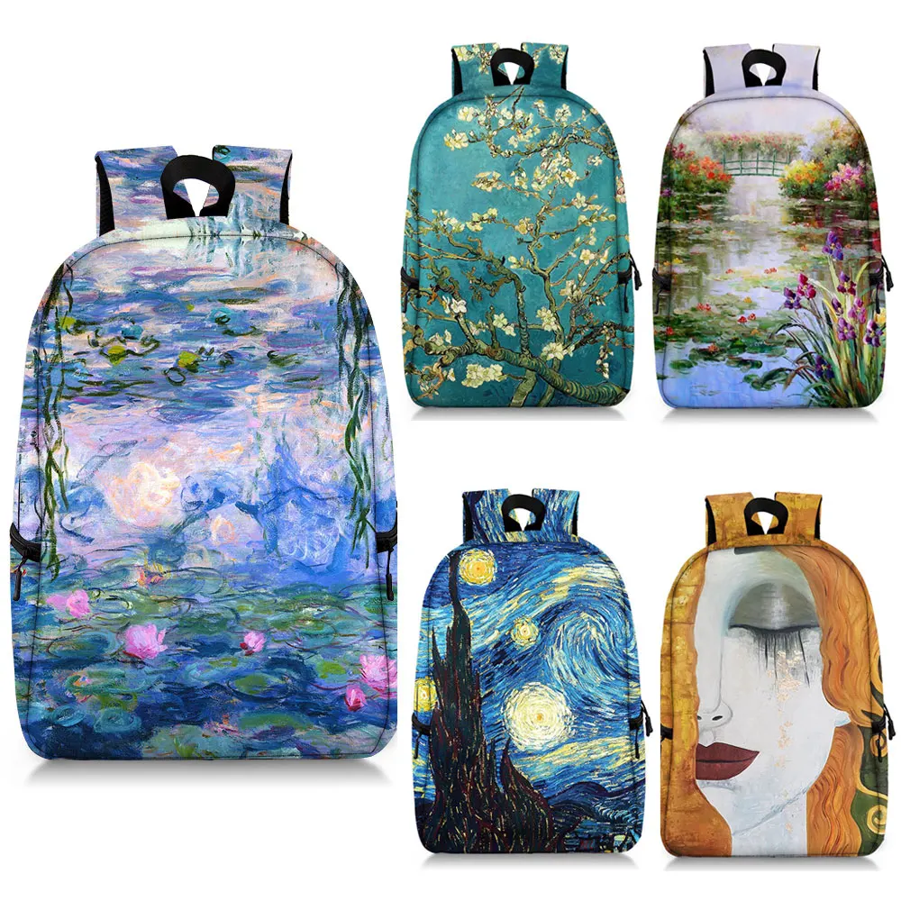 

Oil Painting Water Lilies / Tears / Starry Night Backpack Claude Monet Gustav Klimt Van Gogh School Bags travel Laptop Backpacks