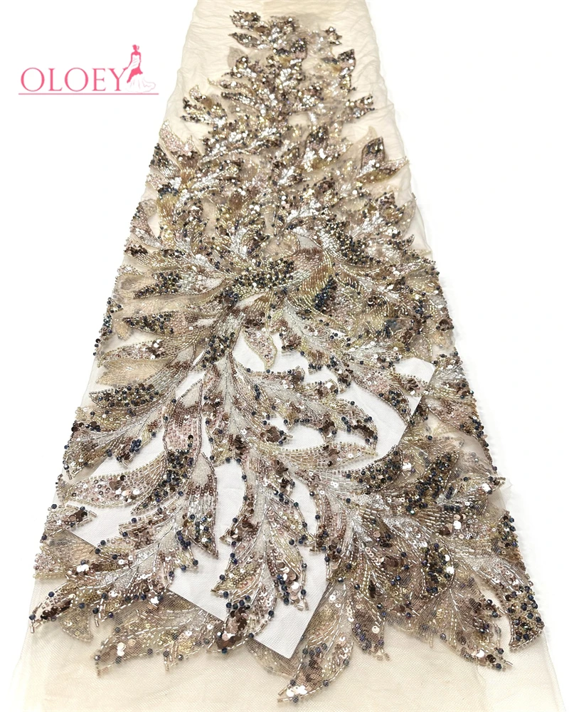 

OLOEY Top Quality Beads Embroidery French Heavy Lace New African Luxury Nigerian Sequins Mesh Net Lace Fabric For Wedding