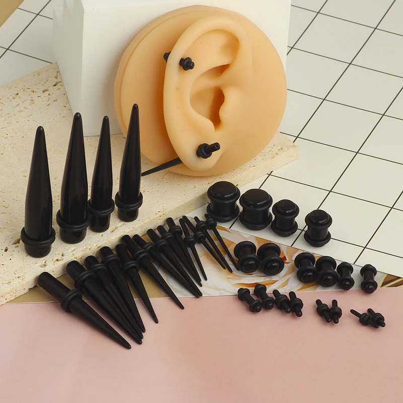 2-18pcs Black Tunnel Ear Taper Plug Stretcher Expander Gauge Earrings 1.6-25mm Acrylic Stretching Piercing Body Jewelry Set