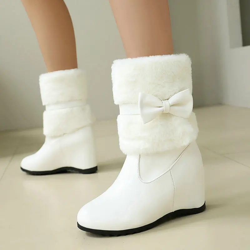 Women Black White Winter Snow Boots Faux Fur Lined Wedge Heel Ankle Boots Cute Bow Tie Warm Platform Shoes Lolita Shoes Woman