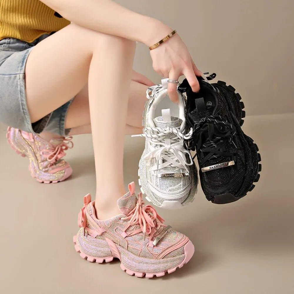 Women's Rhinestone Platform Chunky Sneakers, Lace-Up Sparkly Casual Shoes, Thick Sole Footwear for Street Style