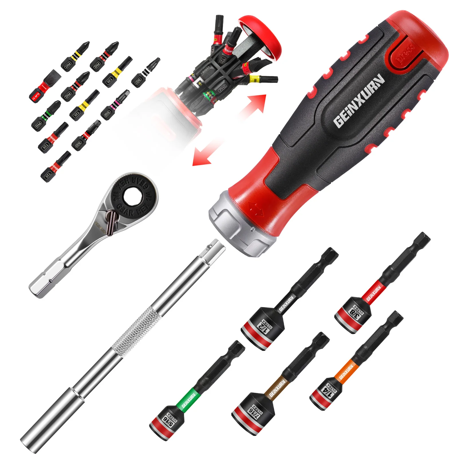 Geinxurn 19 PCS Ratcheting Screwdriver Set, Mini Rachet Wrench, Rachet Bit Handle and Nut Driver with Impact S2 Screwdriver Bits